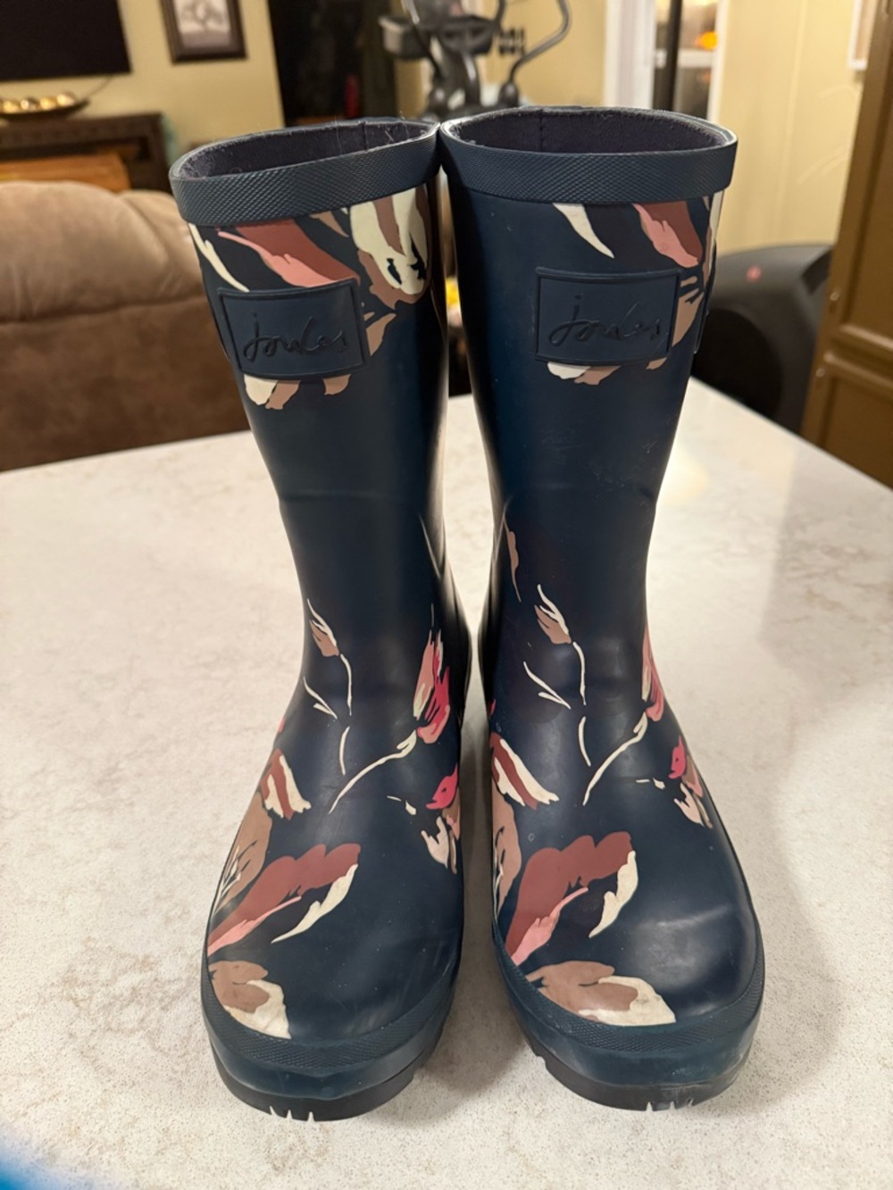 Joules Navy Floral Mid-Calf Waterproof Rain Boots